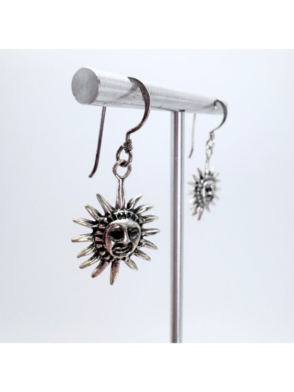 Smiling Sun Design Sterling Silver 925 Dangle Earrings Size 1.25" Length - Picture 2 of 9
